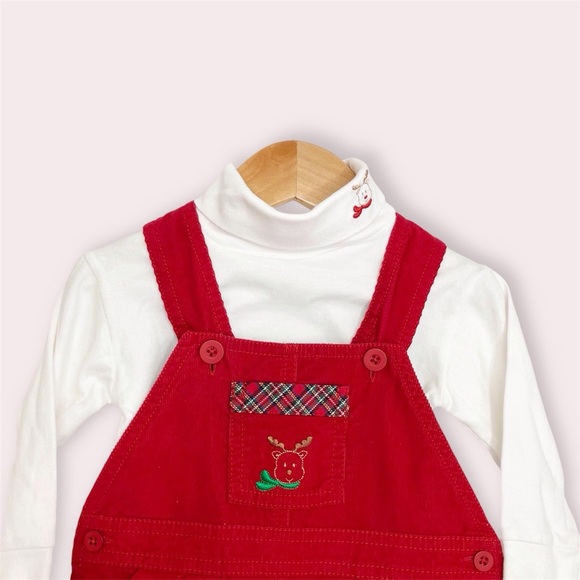 Strasburg Christmas overall set red corduroy embroidered w/ turtleneck 6 months - Picture 2 of 14